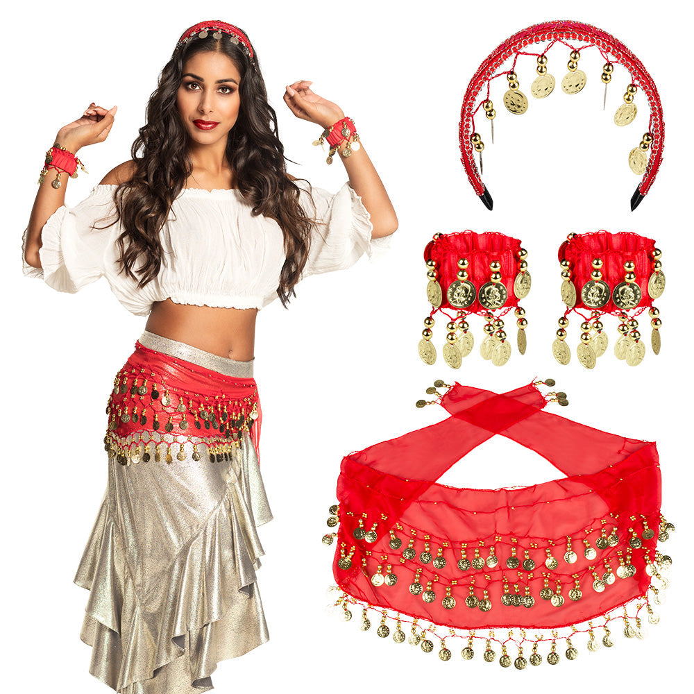 Afbeelding van Set Belly dance rood (hoofdband, armbanden en ceintuur)