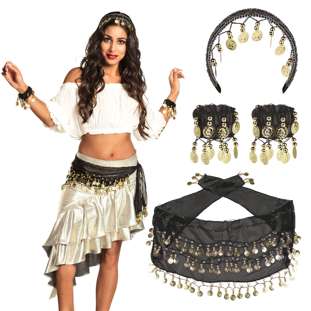Afbeelding van Set Belly dance zwart (hoofdband, armbanden en ceintuur)