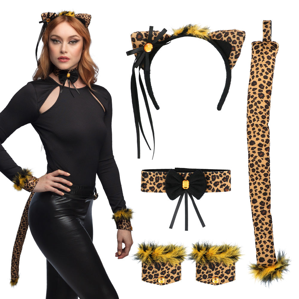Afbeelding van Set Cute leopard bruin (Diadeem, choker, 2 armbanden, staart)