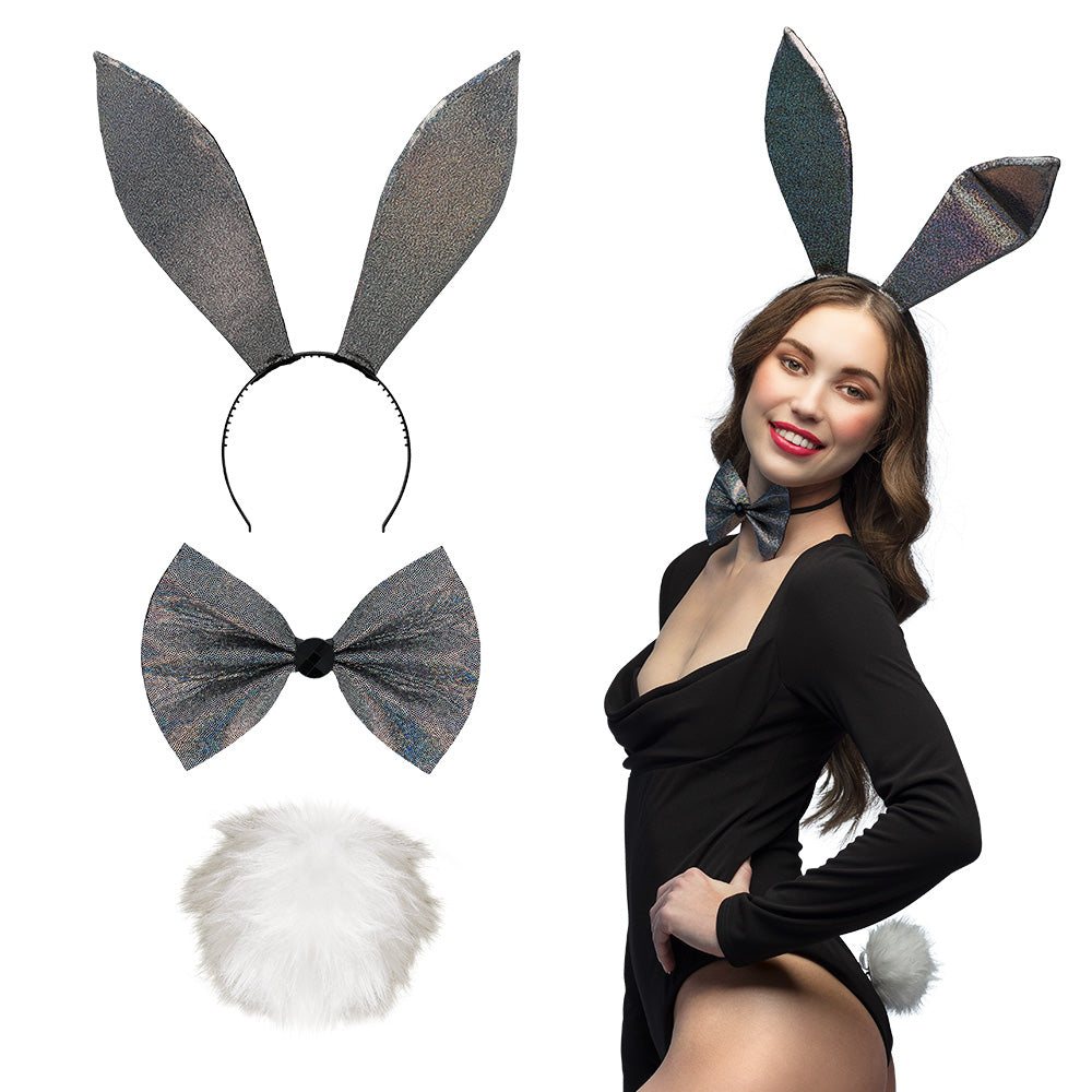 Afbeelding van Set Sparkling Bunny zwart (diadeem, strikje en staart)
