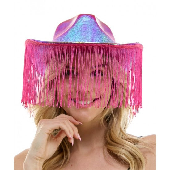 Afbeelding van Cowboyhoed iridescent hot pink met franje