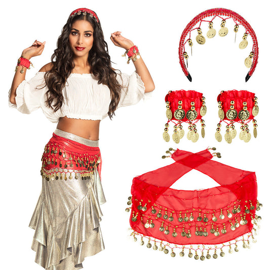 Afbeelding van Set Belly dance rood (hoofdband, armbanden en ceintuur)