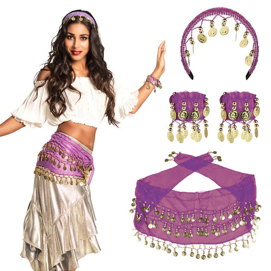 Afbeelding van Set Belly dance paars (hoofdband, armbanden en ceintuur)