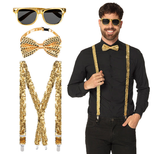 Afbeelding van Accessoireset goud (partybril, vlinderstrik en bretels)