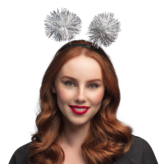 Afbeelding van Diadeem Tinsel pompoms zilver