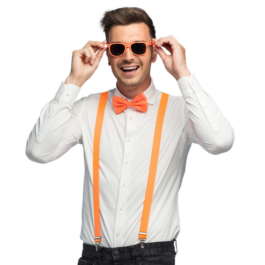 Afbeelding van Accessoireset Neon oranje (partybril, vlinderstrik en bretels)