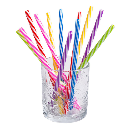 Afbeelding van Set 12 Herbruikbare plastic rietjes 6 kleuren met ragertje (21 cm)