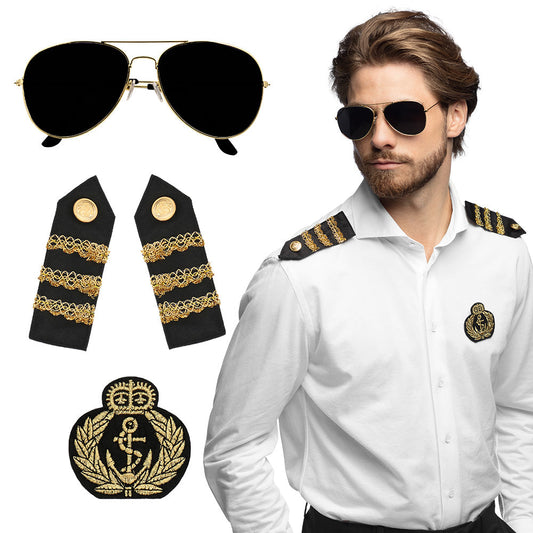 Afbeelding van Set Kapitein (partybril, badge en schouderstukken)
