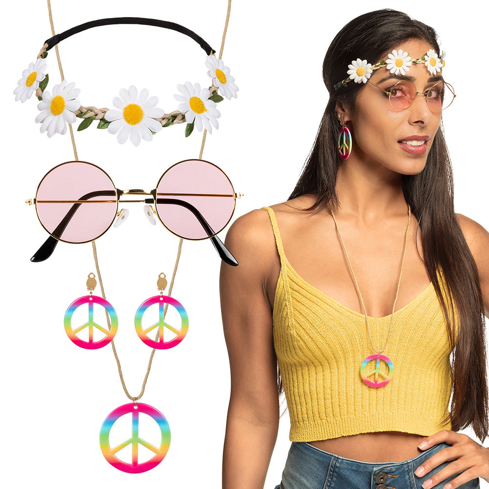 Afbeelding van Set Hippie de luxe (hoofdband, partybril, oorbellen en ketting)