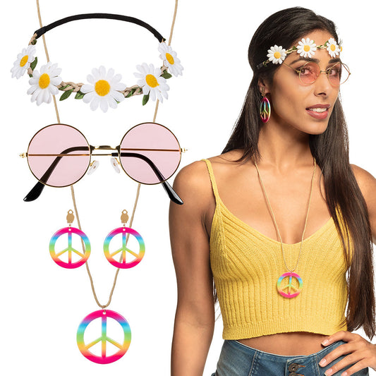 Afbeelding van Set Hippie de luxe (hoofdband, partybril, oorbellen en ketting)