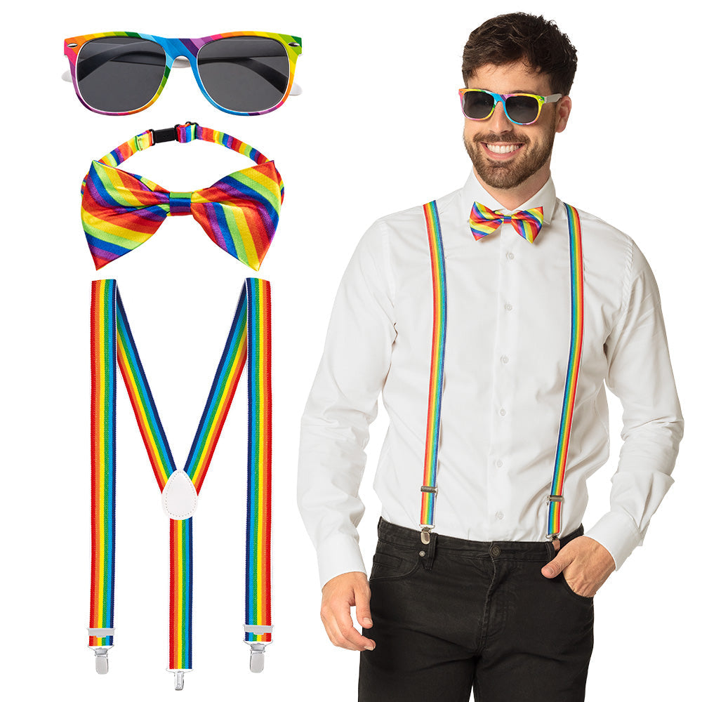 Afbeelding van Accessoireset regenboog (partybril, vlinderstrik en bretels)