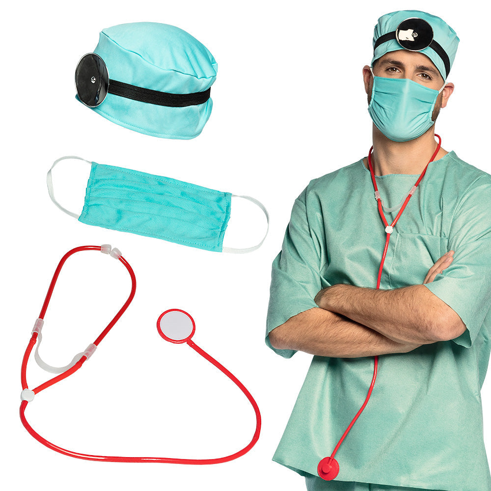 Afbeelding van Set Dokter (kapje, hoofdband met frontale reflector, mondkapje en stethoscoop)