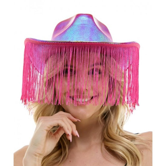 Afbeelding van Cowboyhoed iridescent hot pink met franje