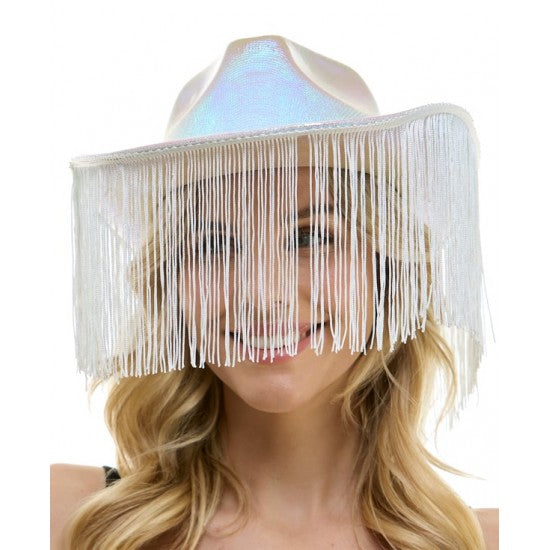 Afbeelding van Cowboyhoed iridescent wit met franje