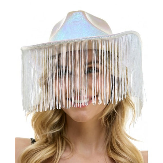 Afbeelding van Cowboyhoed iridescent wit met franje