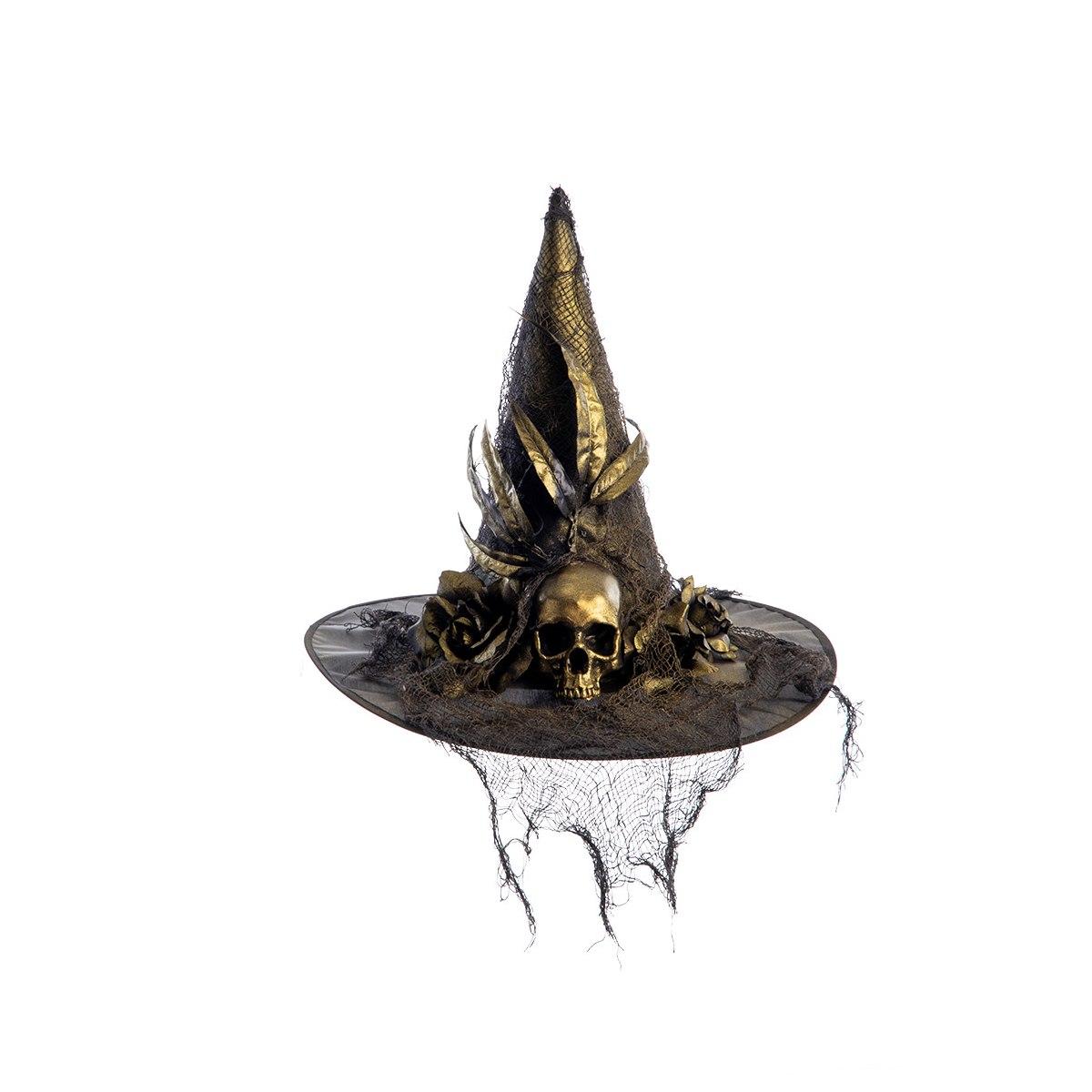 Afbeelding van Heksenhoed bruin-goud met skull