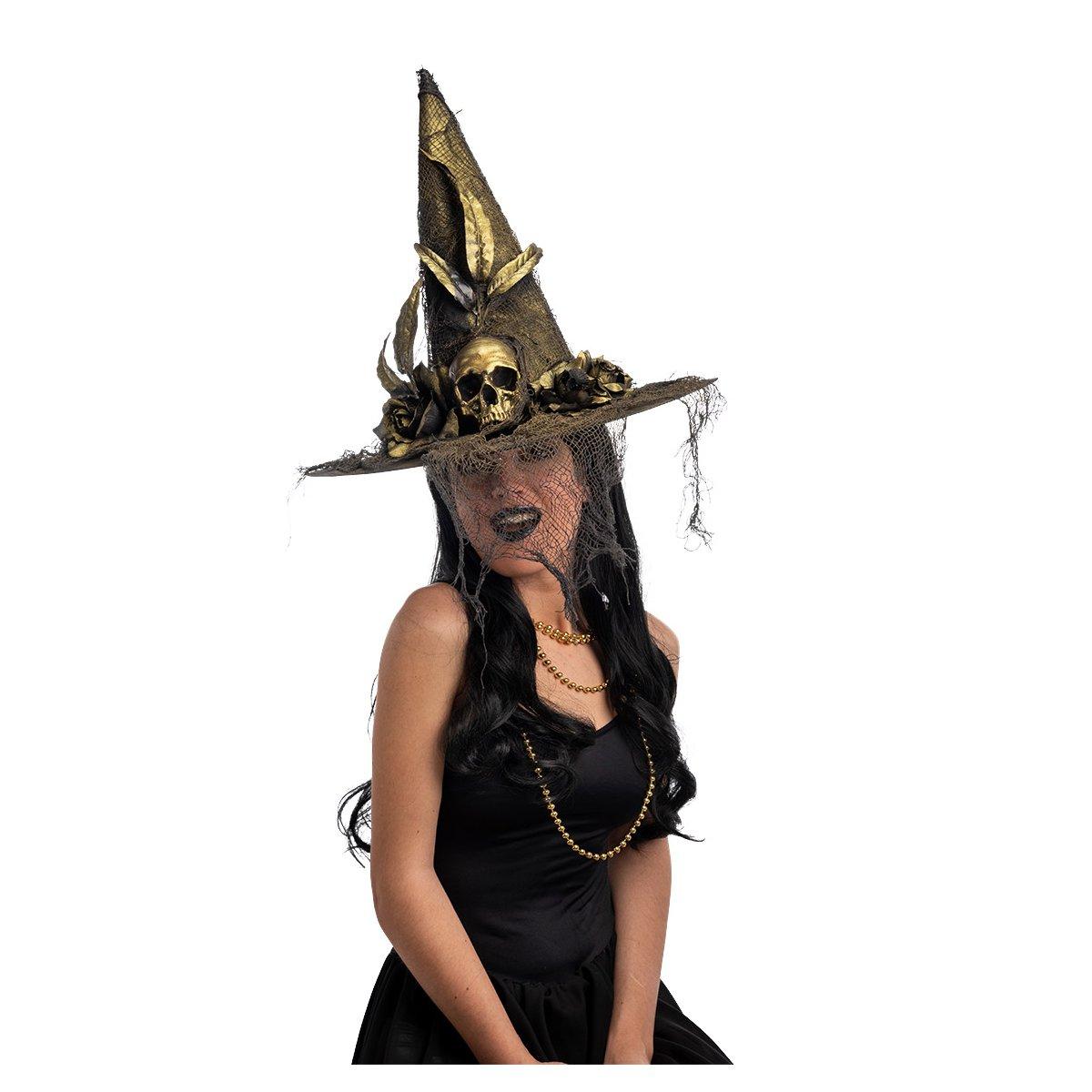 Afbeelding van Heksenhoed bruin-goud met skull
