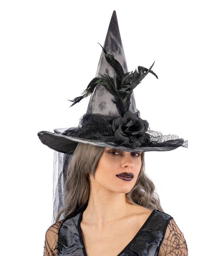 Afbeelding van Heksenhoed zwart met bloem en veer