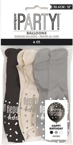 Afbeelding van Ballonnen glitz black&silver ���Happy birthday��� (��30cm, 6st)