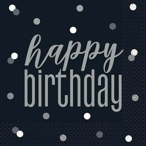 Afbeelding van Servetten glitz black&silver ���Happy Birthday��� (33cm, 16st)